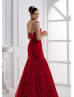 One Shoulder Beaded Red Chiffon Chic Evening Dress